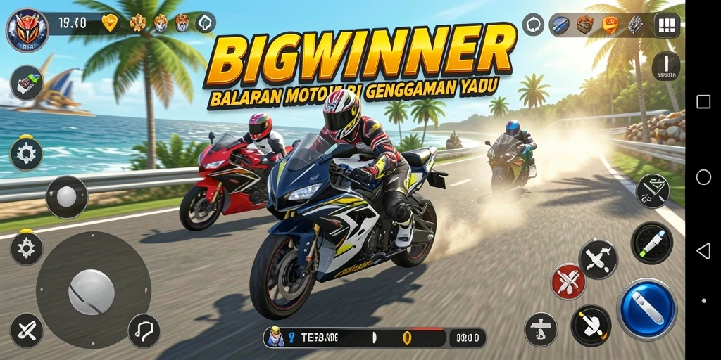 Gameplay seru di BIGWINNER dengan balapan motor yang mendebarkan.