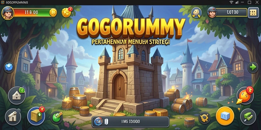 Tampilan gameplay GOGORUMMY dengan berbagai menara dan strategi pertahanan.