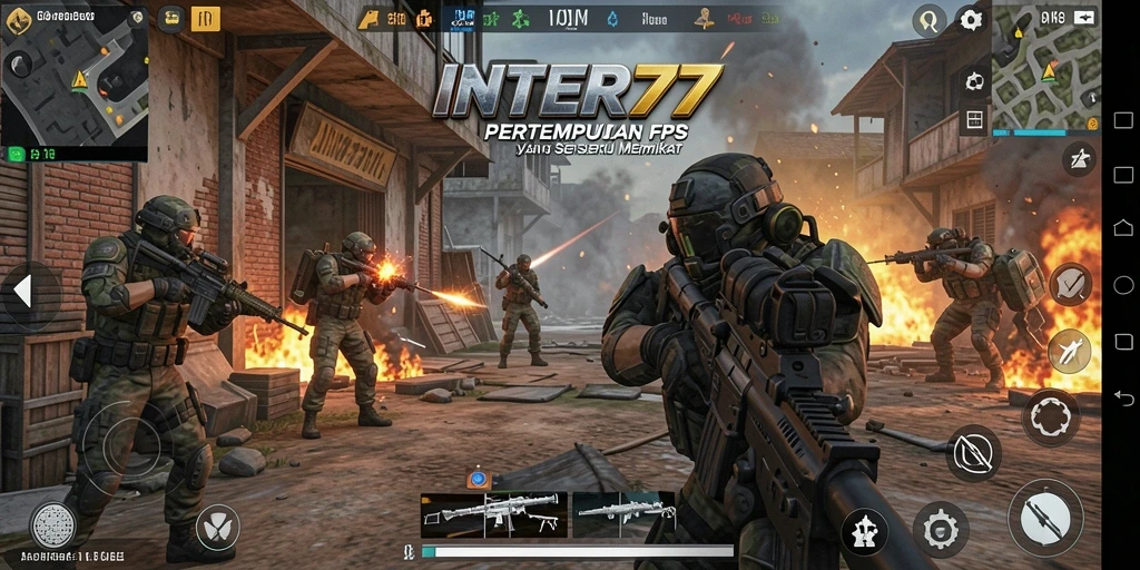 Tangkapan layar dari INTER77 menampilkan aksi pertempuran FPS yang intens dan dinamis.