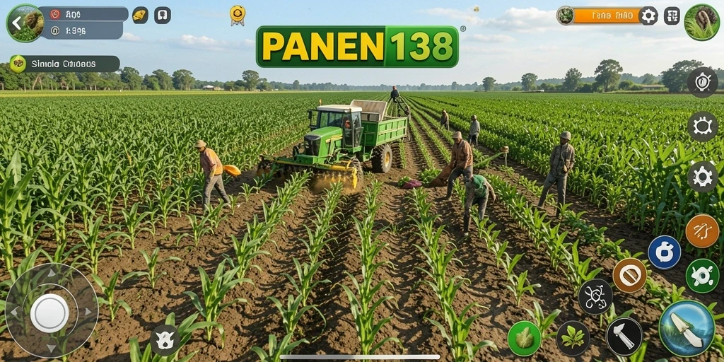 Screenshot utama PANEN138 menampilkan kegiatan berkebun yang menantang.