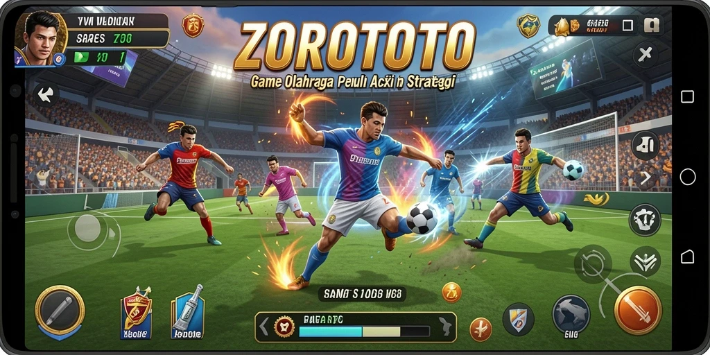 Screenshot utama ZOROTOTO menunjukkan aksi mendebarkan dalam pertandingan olahraga.